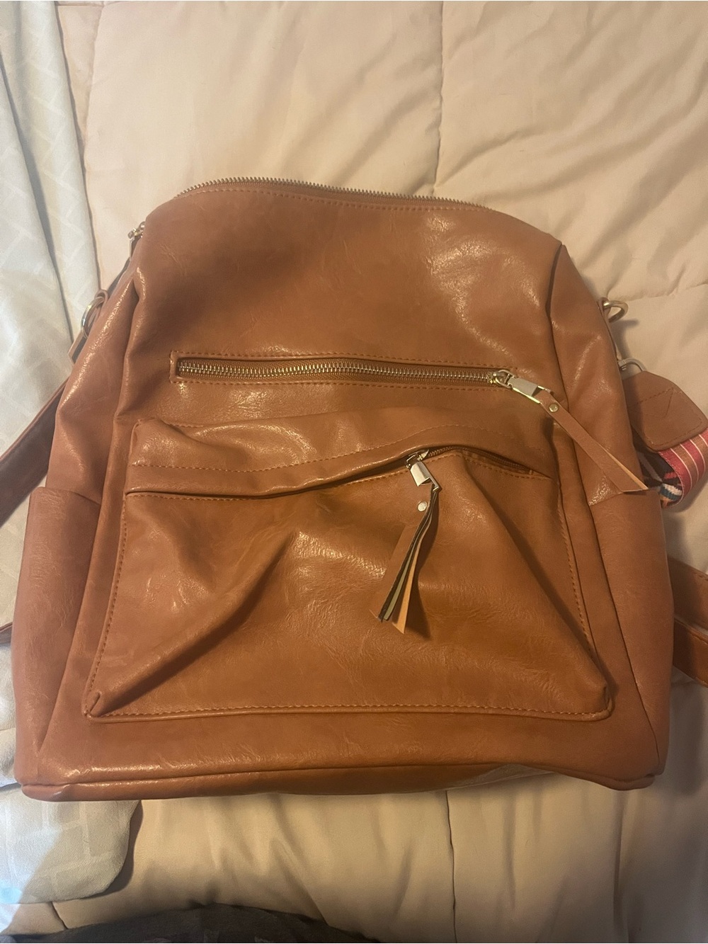 Women's Tan Leather Backpack with Front Zip Pocket